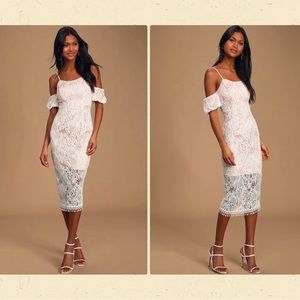 Lulus Entranced By You White Lace Bodycon Cold Shoulder Dress Sz M Midi Length
